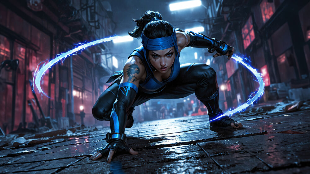 Обои для рабочего стола Китана / Kitana на мокрой мостовой ночного города из игры Смертельная битва / Mortal Kombat