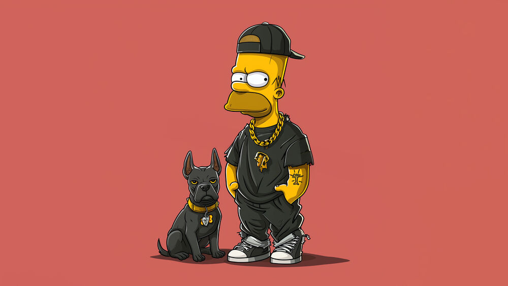 Обои для рабочего стола Гомер Симпсон / Homer Simpson в прикиде репера с собакой на розовом фоне