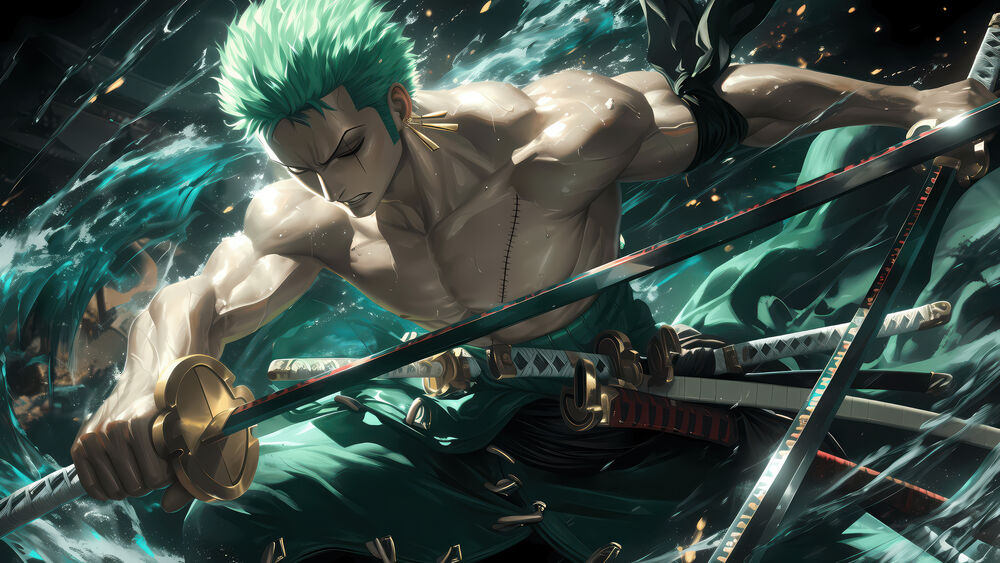 Обои для рабочего стола Ророноа Зоро / Roronoa Zoro с мечами в зеленых волнах из аниме Ван Пис / One Piece