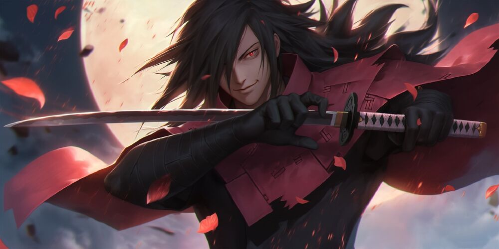 Обои для рабочего стола Madara Uchiha с катаной на фоне полной луны из аниме Naruto