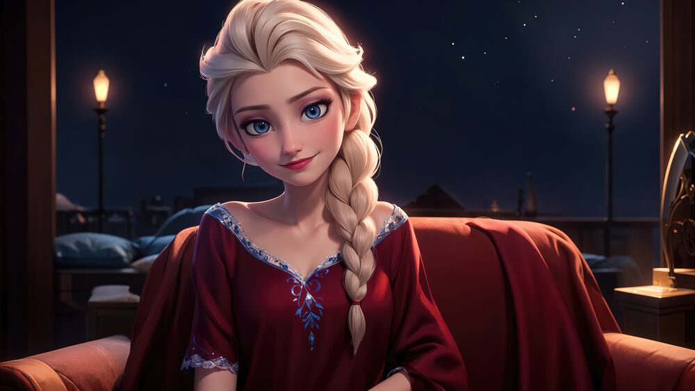 Обои для рабочего стола Принцесса Эльза из мультфильма Холодное сердце в красном платье сидит на диванчике ночью