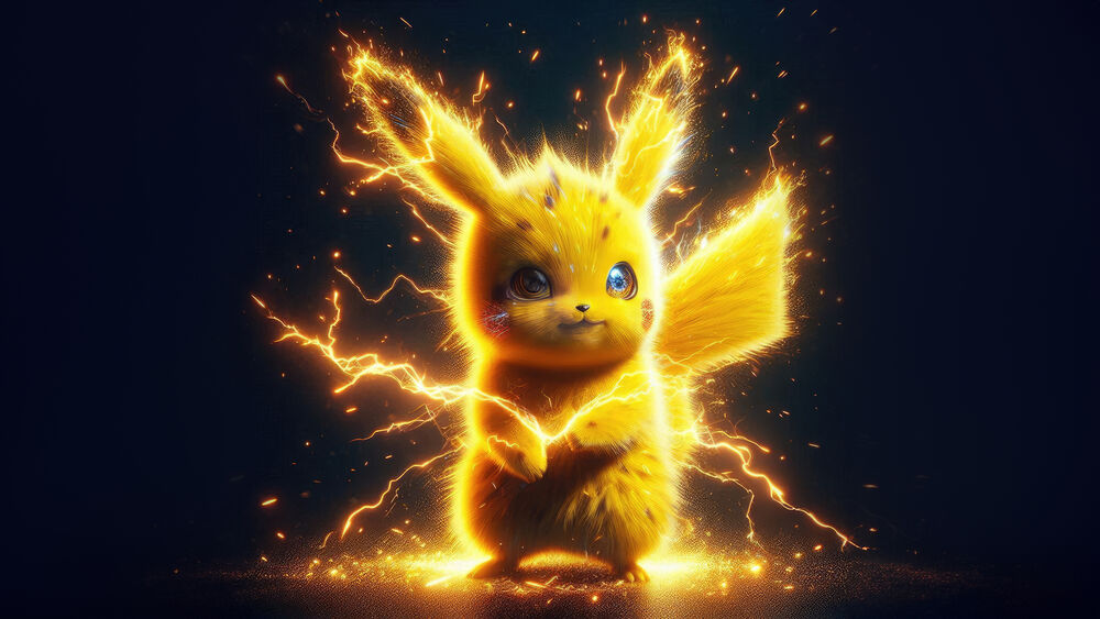 Обои для рабочего стола Пикачу / Pikachu из фильма Покемон. Детектив Пикачу / Pokemon Detective Pikachu в разрядах молний на темном фоне