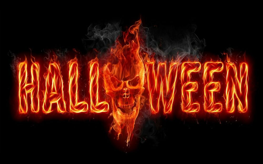 Обои для рабочего стола Огненная надпись Helloween с черепом вместо буквы О на черном фоне