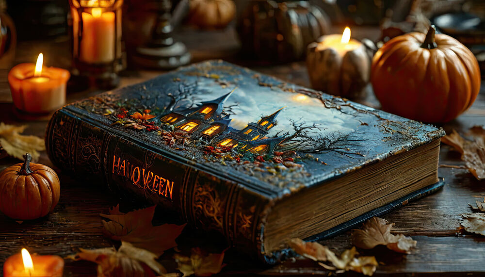 Обои для рабочего стола Книга с названием Halloween лежит на столе рядом с маленькими тыквами и свечами