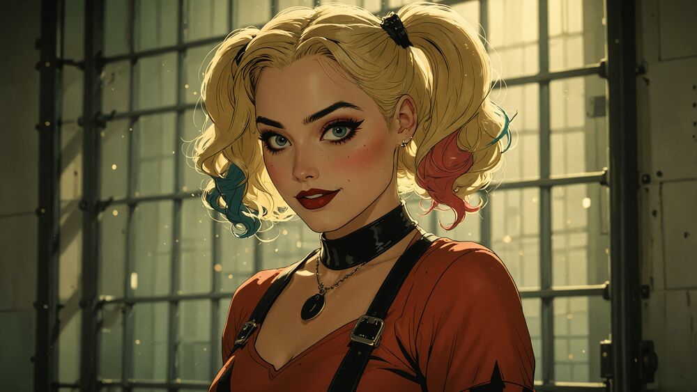 Обои для рабочего стола Harley Quinn / Харли Квин у окна с решеткой