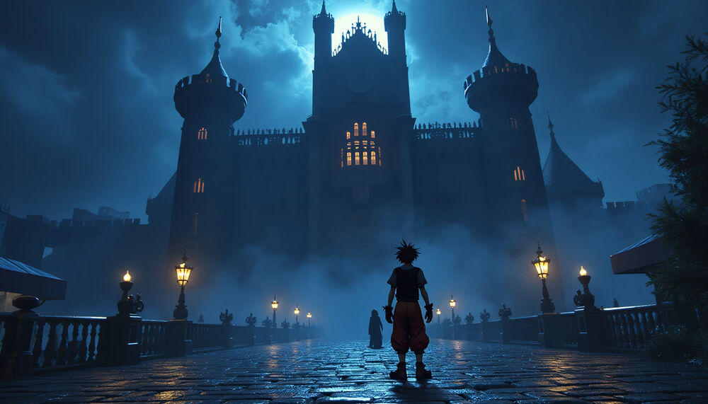 Обои для рабочего стола Парень персонаж игры Kingdom Hearts стоит на фоне огромного замка скрытого ночным туманом
