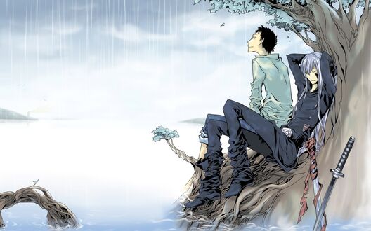 Обои на рабочий стол Ямамото Такеши / Yamamoto Takeshi и Суперби Скуало / Superubi Sukuāro из аниме Репетитор-киллер Реборн!/Katekyou Hitman Reborn! укрываются от дождя под деревом