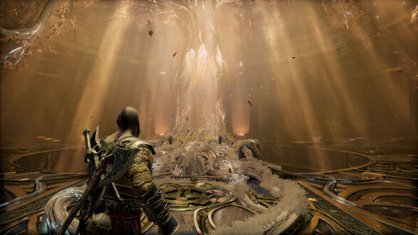Обои на рабочий стол Воин с оружием у магического источника из игры God of War (2018)
