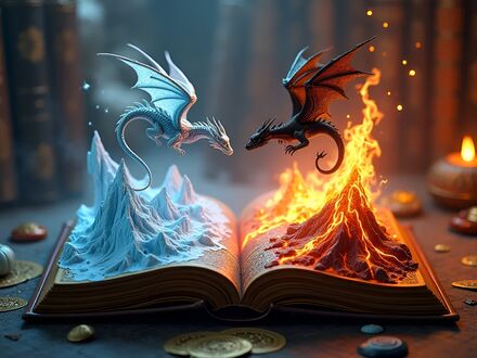 Обои на рабочий стол На столе лежит открытая магическая книга и из нее вырвались два дракончика: огненный и снежный