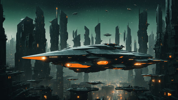 Обои на рабочий стол Космический корабль летит в городе как и множество других кораблей