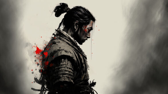Обои на рабочий стол Профиль самурая на светлом фоне из игры Ghost of Tsushima / Призрак Цусимы