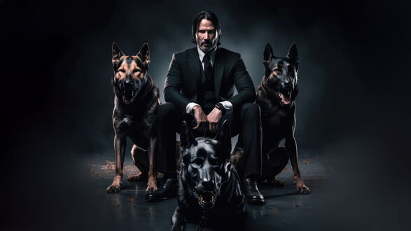 Обои на рабочий стол Кеану Ривз в роли Джона Уика / John Wick с тремя собаками на черном фоне