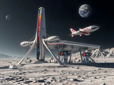 Обои на рабочий стол Фантастическая бензоколонка на светлой поверхности планеты на фоне комического корабля и земли
