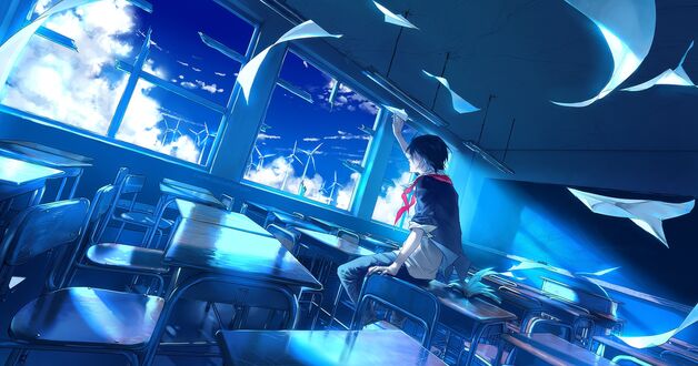 Обои на рабочий стол Парень сидит на парте с бумажным самолетиком в руке, art by yuumei