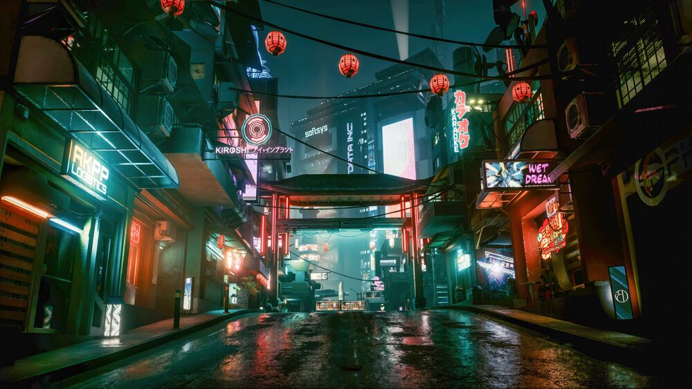 Обои для рабочего стола Врата Тории на пустынной улица неонового города из игры Cyberpunk 2077