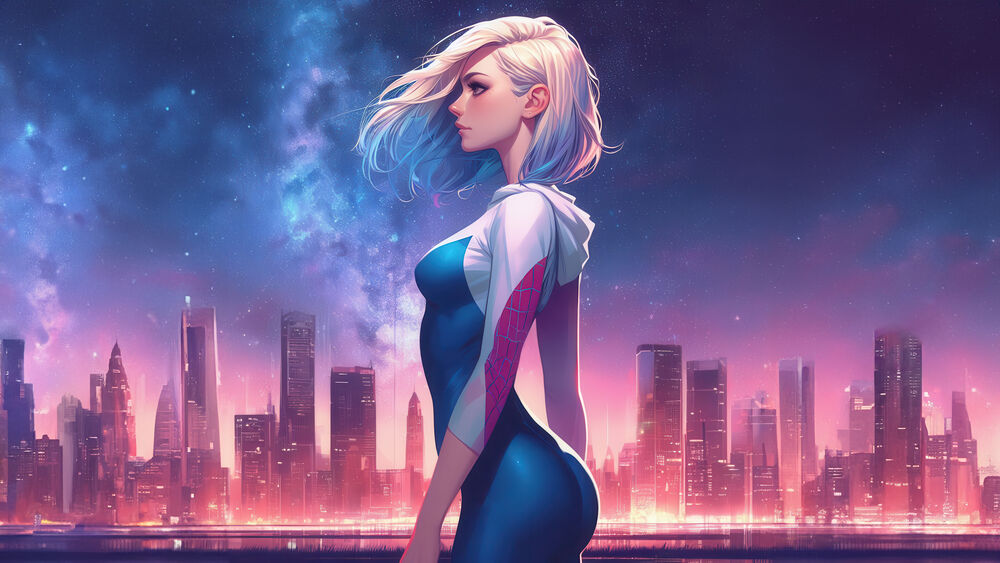 Обои для рабочего стола Gwen Stacy девушка человек-паук на фоне ночного города в профиль