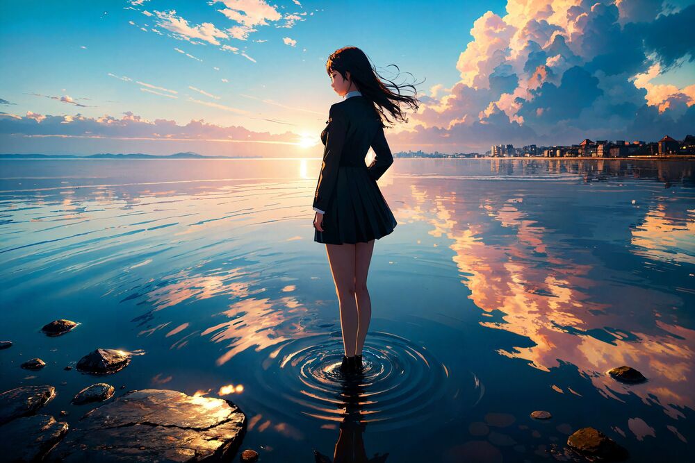 Обои для рабочего стола Аниме девушка в платье стоит по щиколотку в море на рассвете