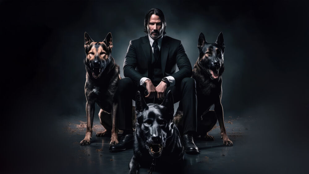 Обои для рабочего стола Кеану Ривз в роли Джона Уика / John Wick с тремя собаками на черном фоне