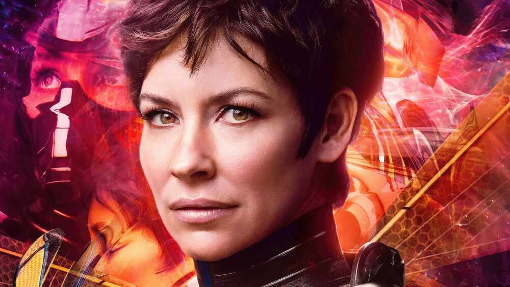 Обои для рабочего стола Портрет Эванджелин Лилли / Evangeline Lilly на фоне красных рисунков