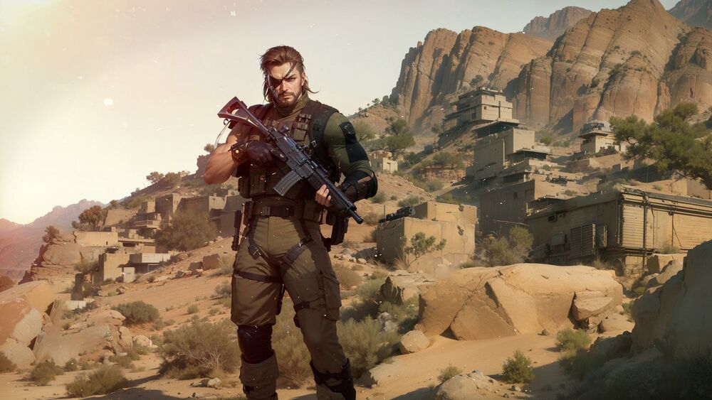 Обои для рабочего стола Солид Снейк персонаж из игры Metal Gear Solid стоит с оружием на фоне афганской деревни