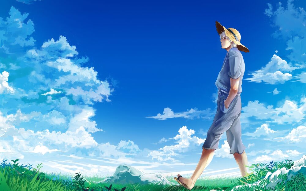 Обои для рабочего стола Гинтоки Саката из аниме Гинтама / Gintoki Sakata, Gintama идет по зеленой поляне