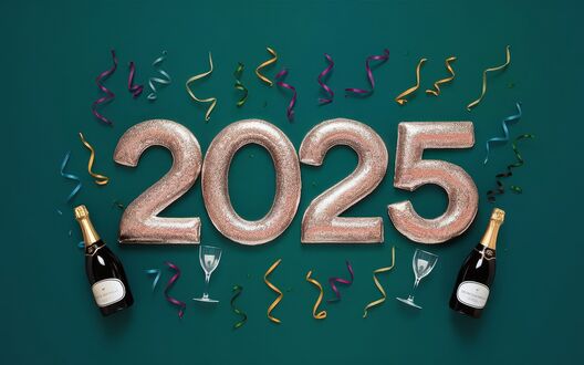 Обои на рабочий стол Цифры 2025 с шампанским и конфетти на зеленом фоне