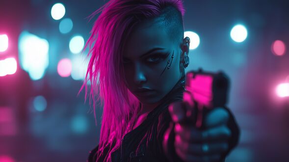 Обои на рабочий стол Девушка с розовыми волосами с пистолетом из игры Cyberpunk 2077