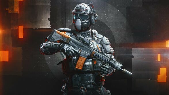 Обои на рабочий стол Солдат с оружием на сером фоне из игры Warface