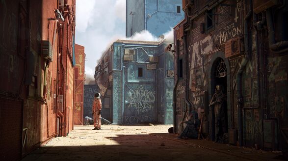 Обои на рабочий стол Космонавт в оранжевом скафандре читает надпись на стене среди кучи граффити на солнечной улице странного города
