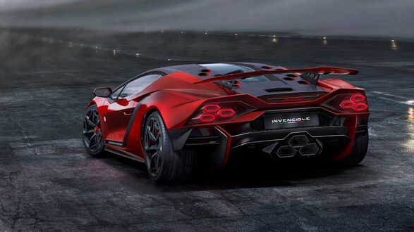 Обои на рабочий стол Красный Lamborghini Invincible на трассе сзади