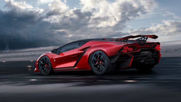 Обои на рабочий стол Красная Lamborghini Invincible мчит по трассе в сторону надвигающегося торнадо