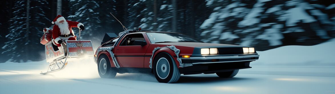 Обои на рабочий стол Санта Клаус прицепил свои сани к красной DeLorean из фильма Назад в будущее и мчится зимой по дороге у леса, чтобы успеть развести все подарки