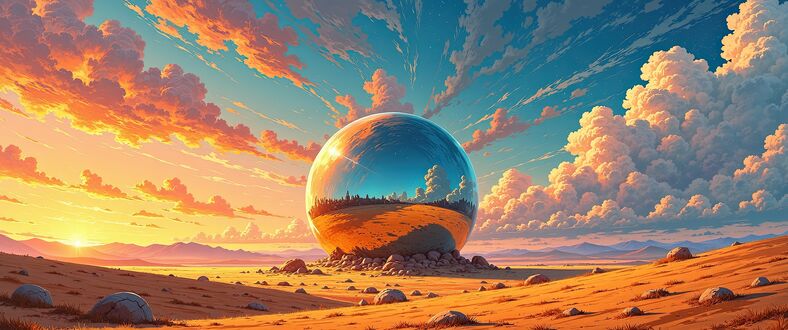 Обои на рабочий стол Зеркальная сфера стоит в пустыни на закате дня