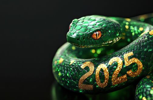 Обои на рабочий стол Зеленая гламурная змея с надписью 2025 на черном фоне