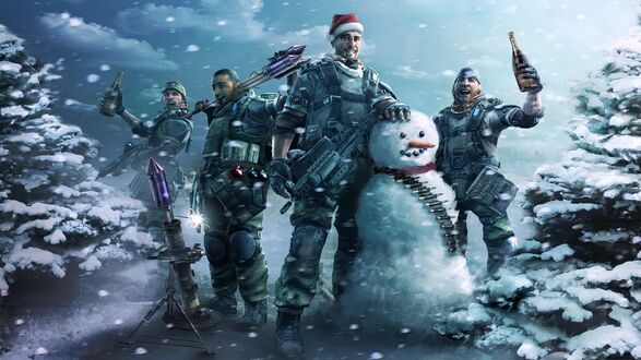 Обои на рабочий стол Персонажи видеоигры Killzone 2, стоя рядом со снеговиком, отмечают Новый год, запуская фейерверки