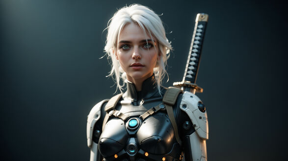 Обои на рабочий стол Ciri / Цирилла из игры The Witcher / Ведьмак с катаной за спиной на сером фоне