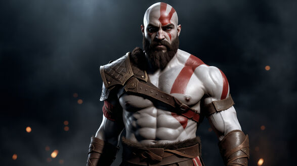 Обои на рабочий стол Kratos / Кратос из видеоигры God of War / Бог войны на темном фоне среди искр
