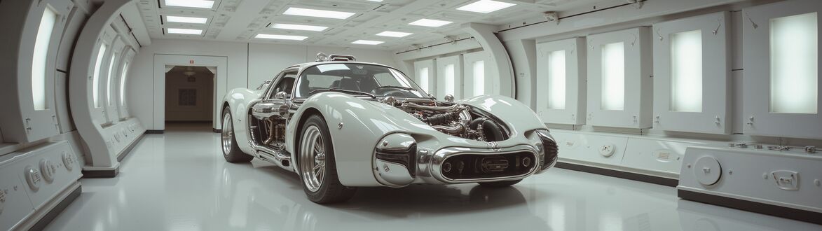Обои на рабочий стол Белый спортивный автомобиль в боксе частично разобран