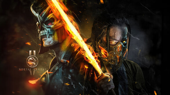 Обои на рабочий стол Персонажи фильма Мортал Комбат 2 / Mortal Kombat, 2021 с огненным мечем на темном фоне