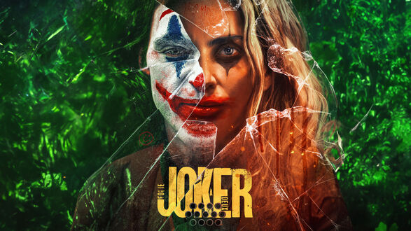 Обои на рабочий стол Лицо Джокера и женщины на треснутом стекле (Joker Folie à Deux) из фильма Джокер Безумие на двоих, 2024