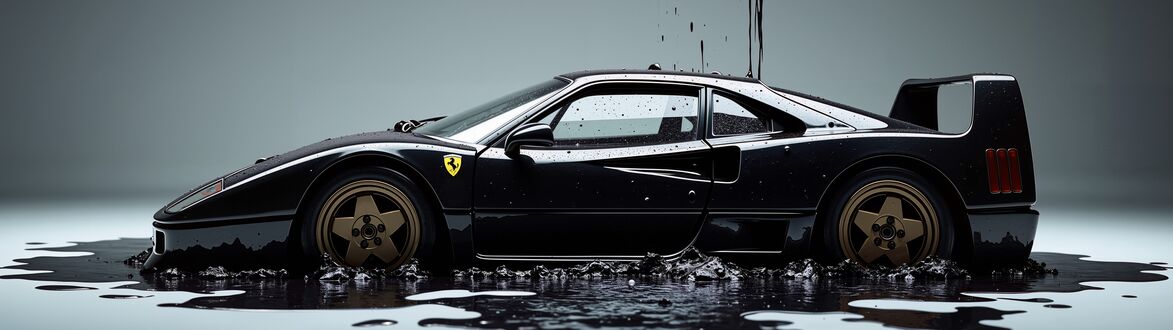 Обои на рабочий стол Автомобиль ferrari стоит в луже застывшей краски и сверху на нее еще лют эту же краску