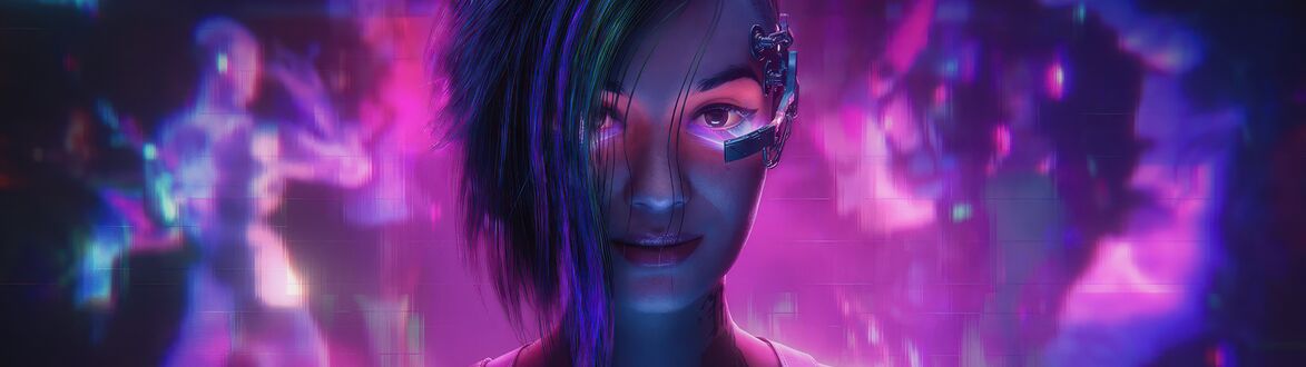 Обои на рабочий стол Персонаж Cyberpunk 2077 Джуди Альварес / Judy Alvarez с яркими волосами и светящимися глазами на фоне ночного клуба