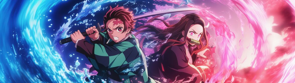 Обои на рабочий стол Тандзиро Камадо / Tanjirou Kamado и Нэдзуко Камадо / Nezuko Kamado, герои аниме Клинок, рассекающий демонов / Kimetsu no Yaiba, готовы к встрече с противником