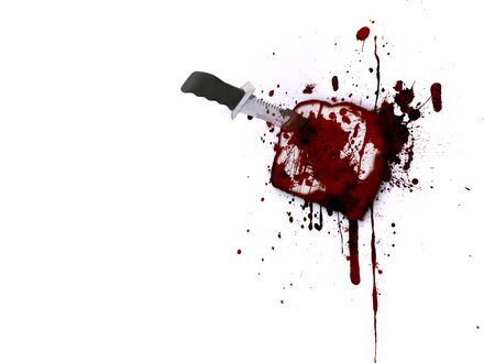 Обои на рабочий стол В кусок хлеба воткнут нож, все забрызгано кровью