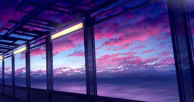 Обои на рабочий стол Через окна коридора виден закат, art by mks