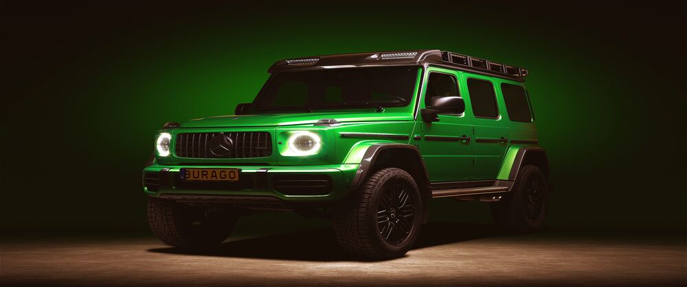 Обои для рабочего стола Зеленый Mercedes-Benz G-класс на зеленом фоне, в гараже