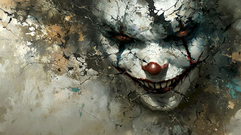 Обои для рабочего стола Лицо клоуна на сером фоне из фильма Оно (2017)