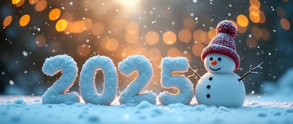 Обои для рабочего стола Цифры 2025 из снега рядом со снеговиком в красной шапке на снегу