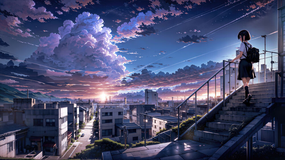 Обои для рабочего стола Аниме Makoto Shinkai стоит на лестнице на фоне города и заката