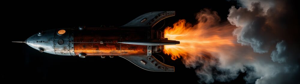 Обои для рабочего стола Космическая ракета летит выпуская струю огня и дыма на темном фоне